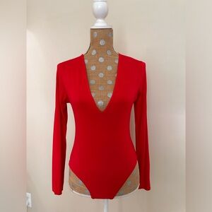Missguided Plunge Long Sleeve Red Bodysuit